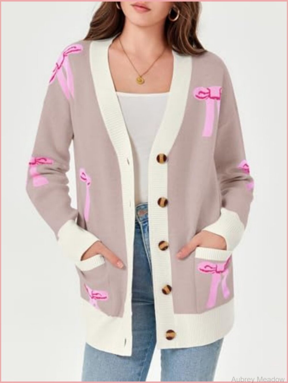 Oversized Bow Printed V Neck Long Sleeve Cardigan Sweater - Picture 3 of 7